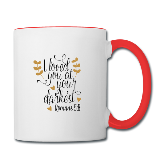 Romans 5:8 - Contrast Coffee Mug - white/red