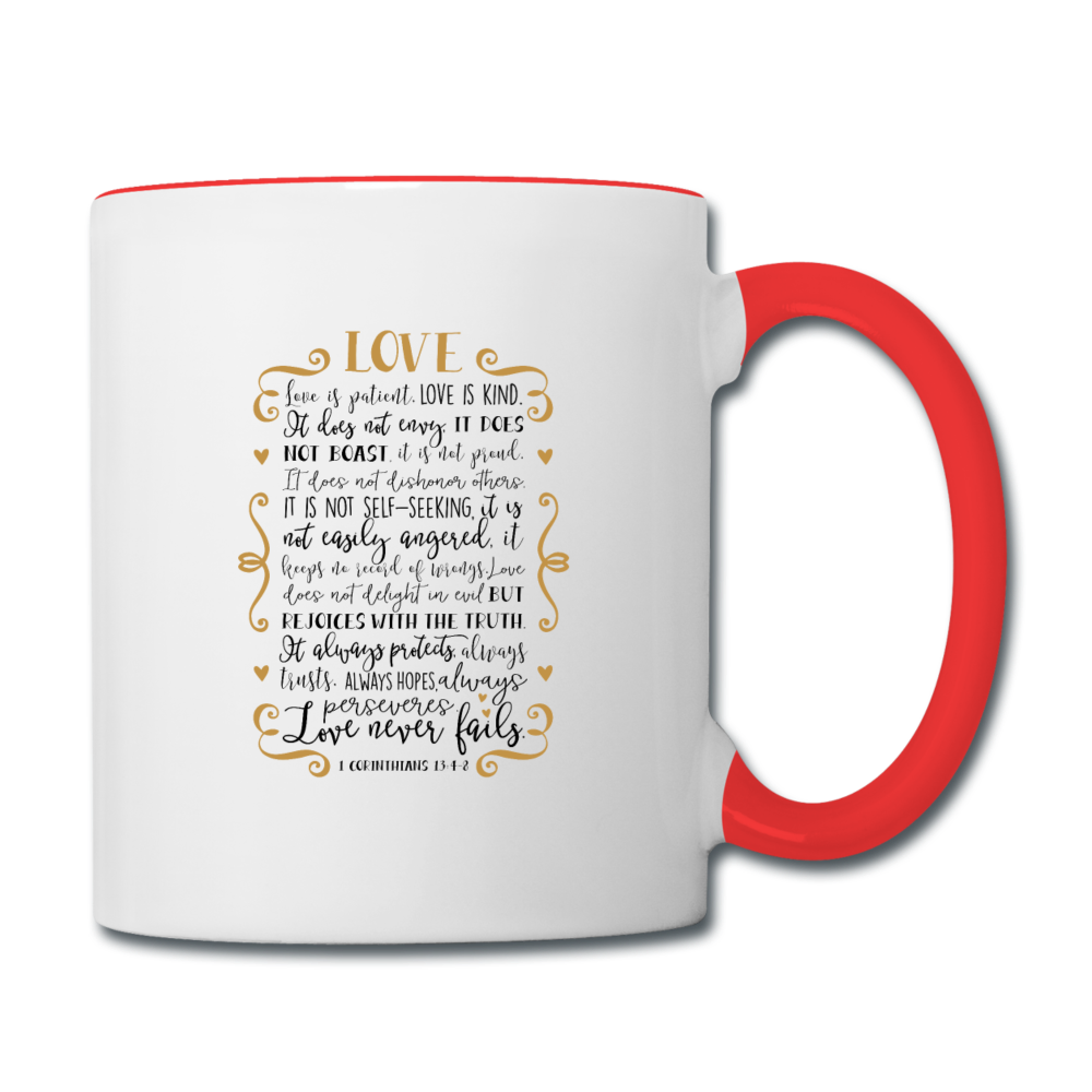 1 Corinthians 13:4-8 - Contrast Coffee Mug - white/red