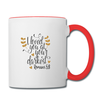 Romans 5:8 - Contrast Coffee Mug - white/red