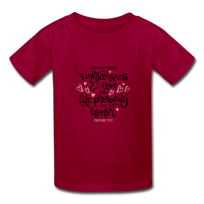 Proverbs 21:21 - Youth T-Shirt - dark red