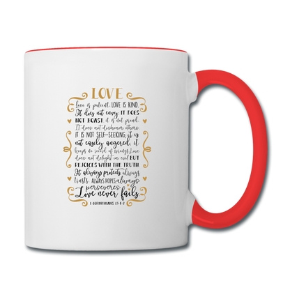 1 Corinthians 13:4-8 - Contrast Coffee Mug - white/red