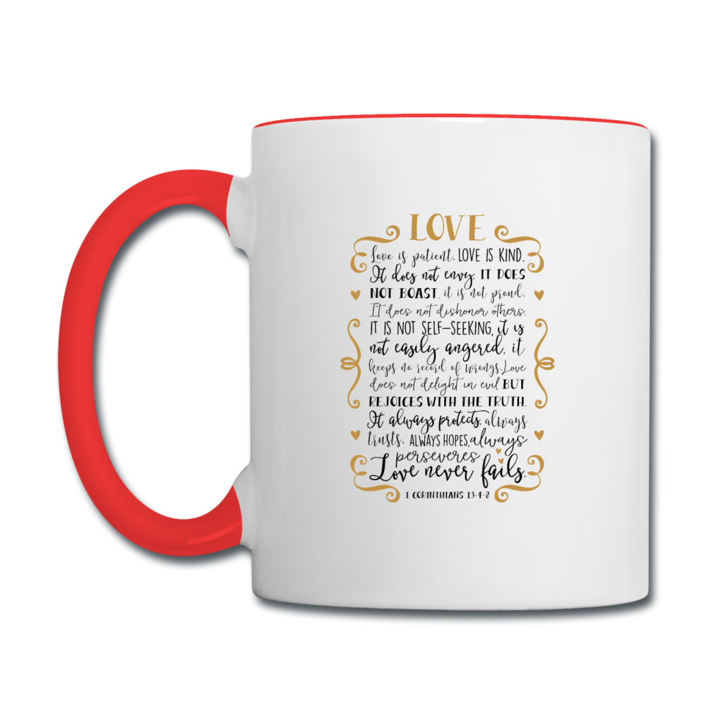 1 Corinthians 13:4-8 - Contrast Coffee Mug - white/red